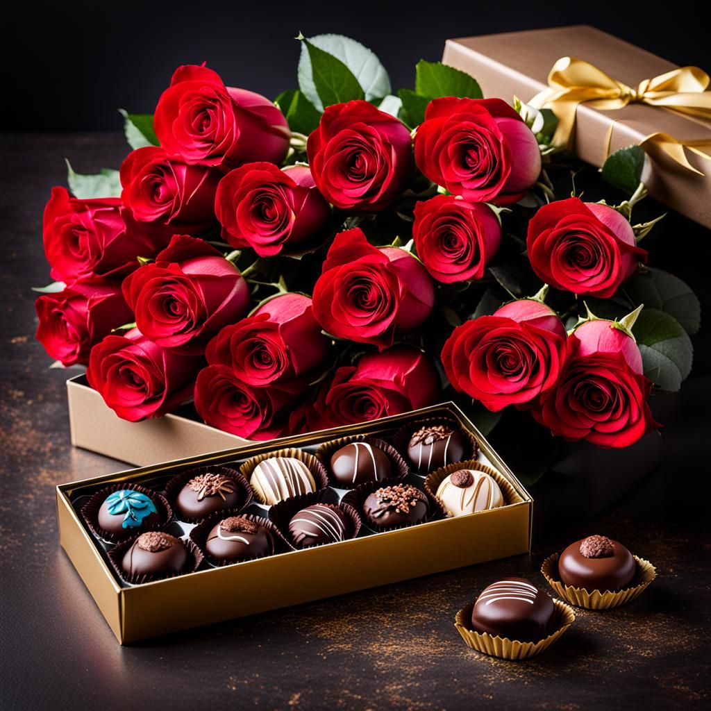 luxury chocolates and a bunch of red roses. - AI Generated Artwork ...