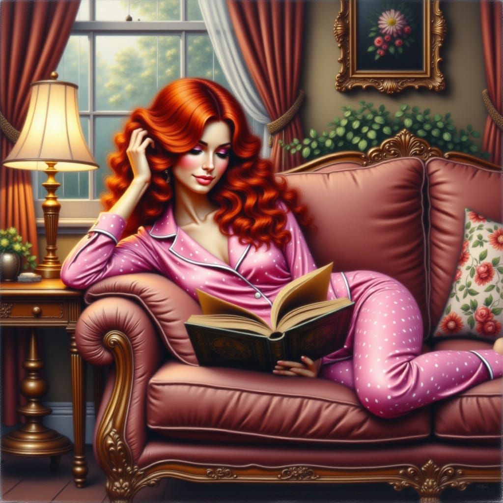<lora:Beautiful Art Flux:1.0>  a stunning red-haired woman, wearing pink and white polka-dot pajamas, lying on the couch reading a book in t...