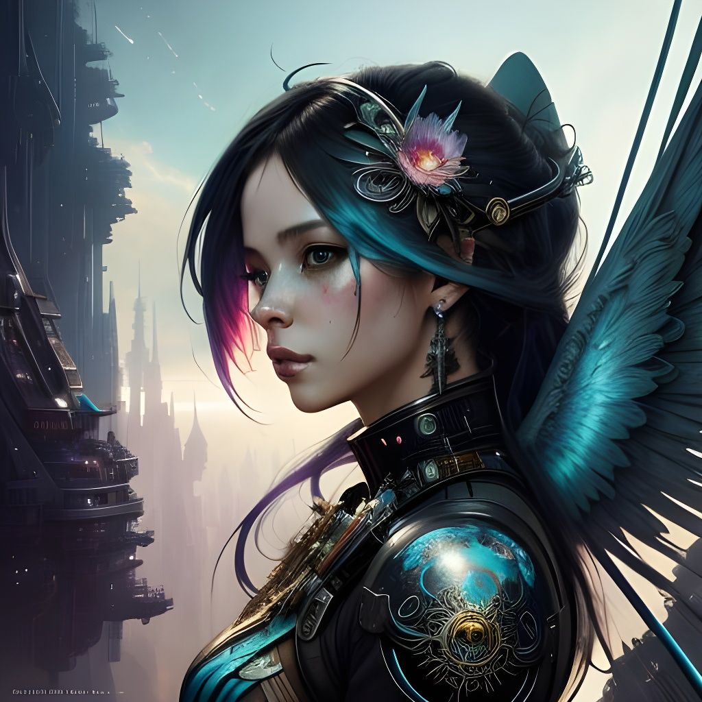 Impossibly Beautiful angel girl "future city" A breathtaking...