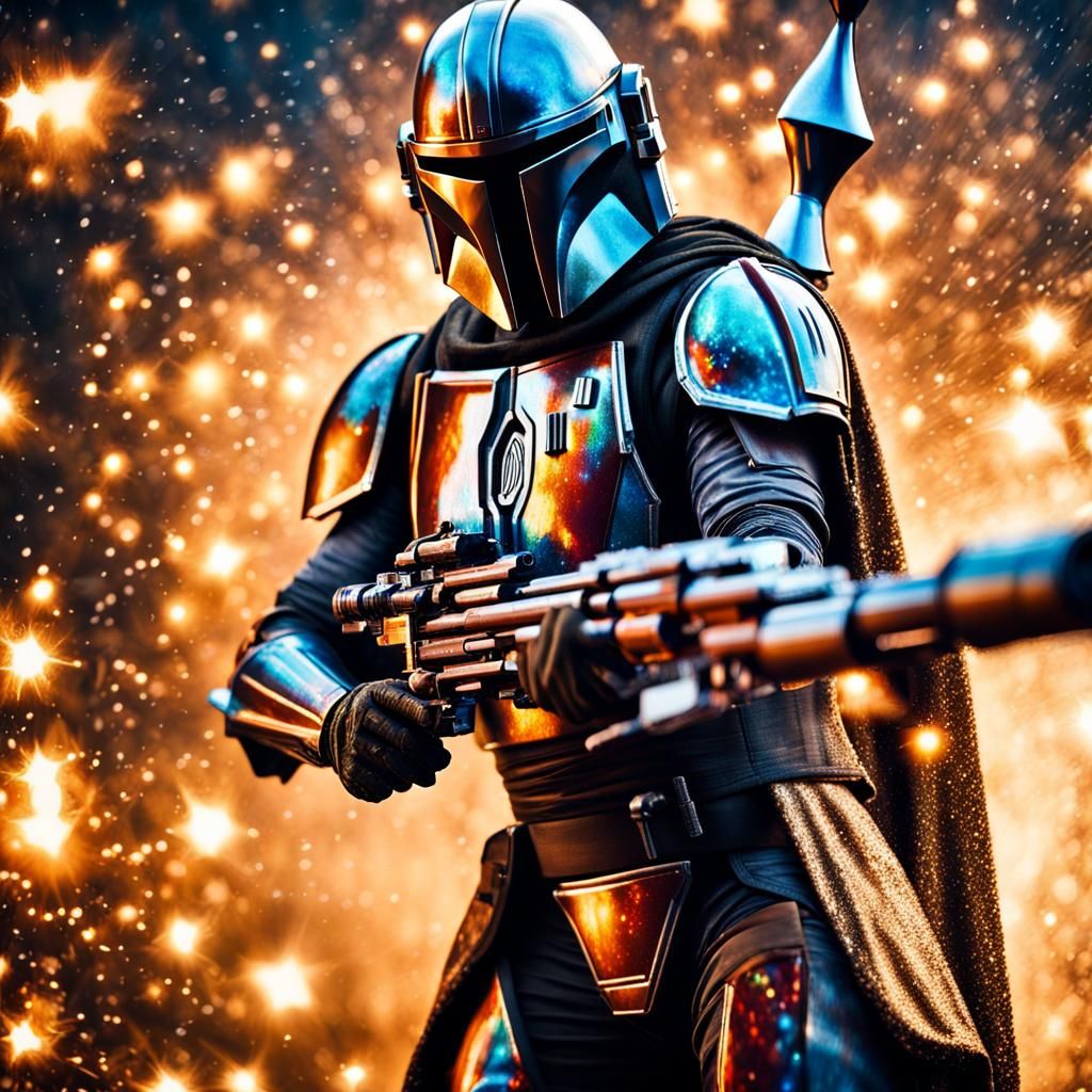 A Mandolorian warrior in holographic glitter armor