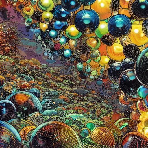 Light bulbs wine bottles spheres beads of black pearls