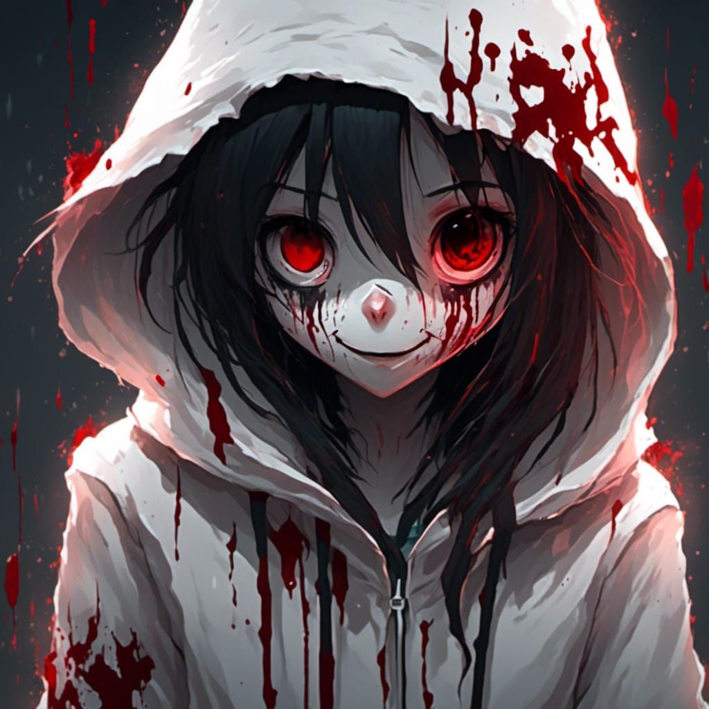 Creepy Anime Girl with Black Eyes and Bloody Smile