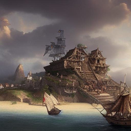 large pirate base on an island 16th century style