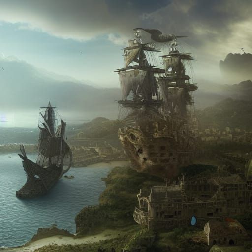 large pirate base on an island 16th century style