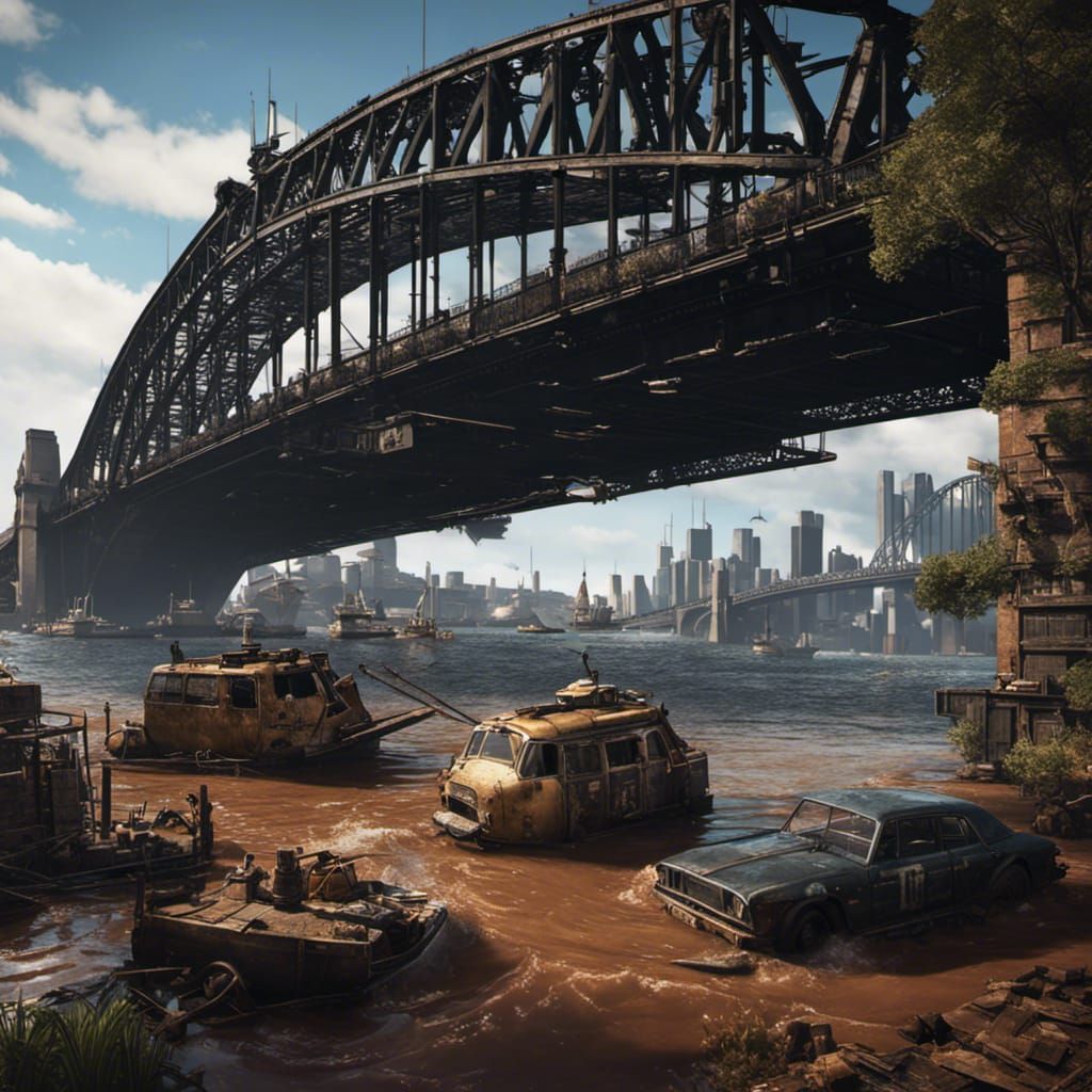 Post-apocalyptic Sydney harbour, destroyed flooded, detailed matte painting, stunning, cinematic, deep ...  by @Kalpine
