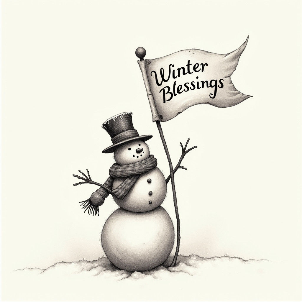 Snowman Figurine Holds Winter Blessings Flag in Charcoal