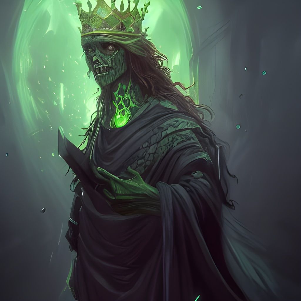 The undead king with green glowing eyes and aura, cinematic,...