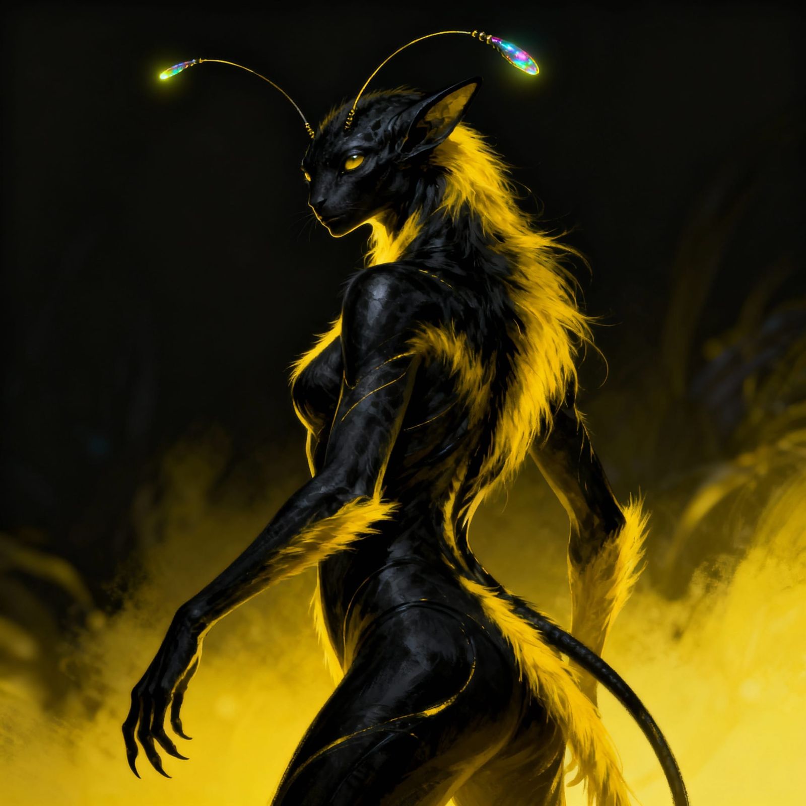 Feral Alien with Black and Yellow Fur and Insect Antennas