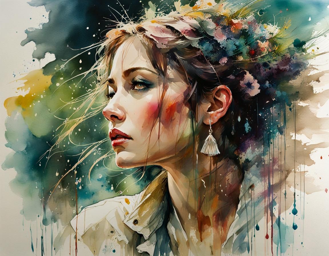 Melancholy Woman on Country Road: Pastel Watercolor