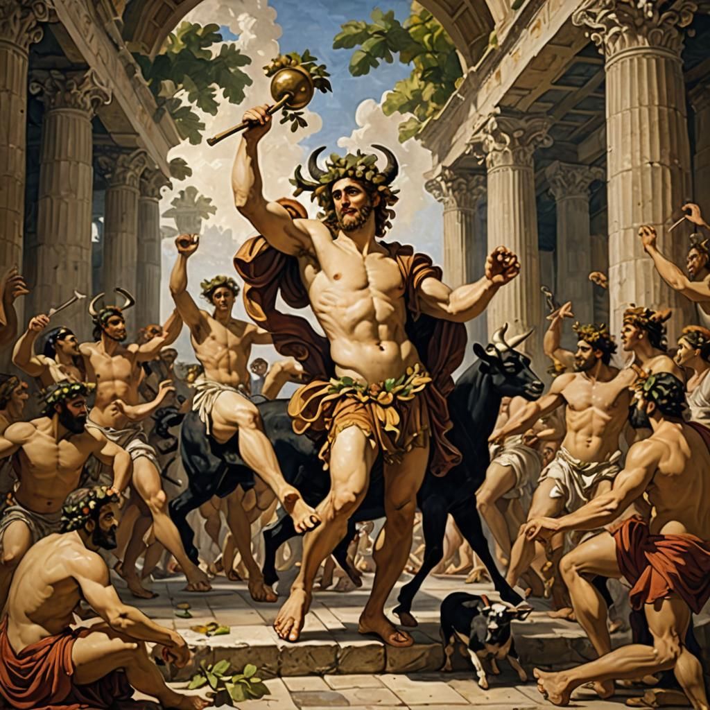 Depict Bacchus, the horned god of wine, as the central character in an ancient Greek courtyard. Bacchus is adorned with majestic horns and a...