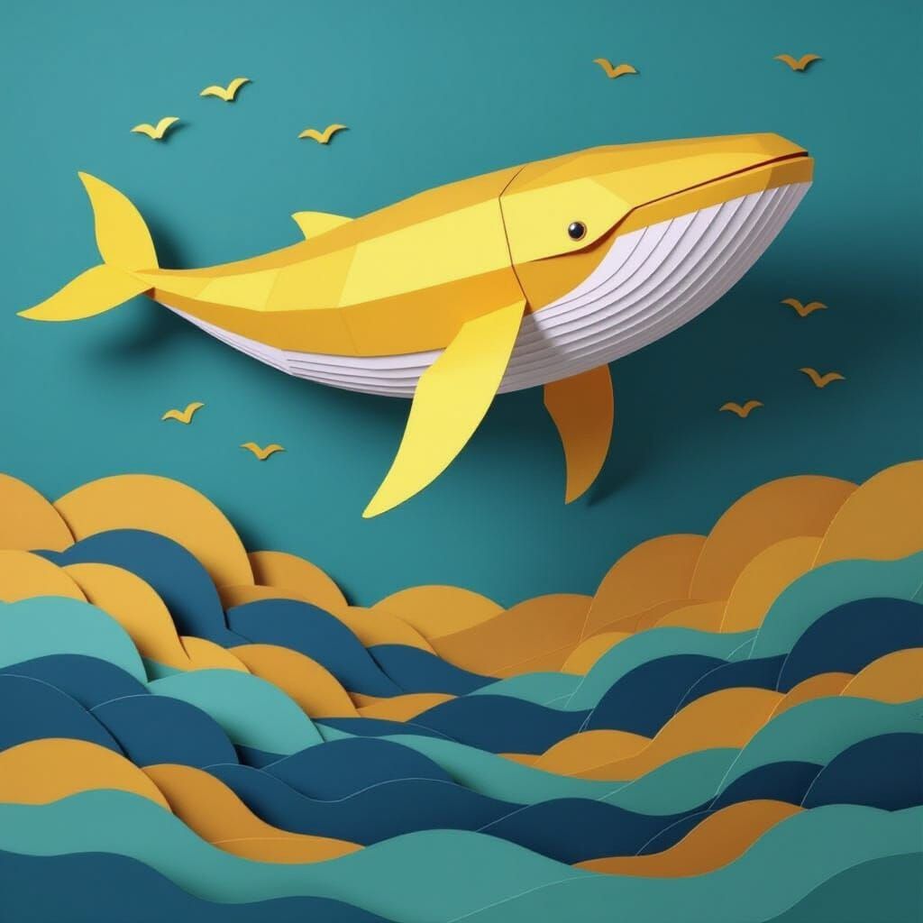 A majestic paper whale jumps out of a paper sea, the whale and the sea are made of folded paper, in shades ...  by @Golem