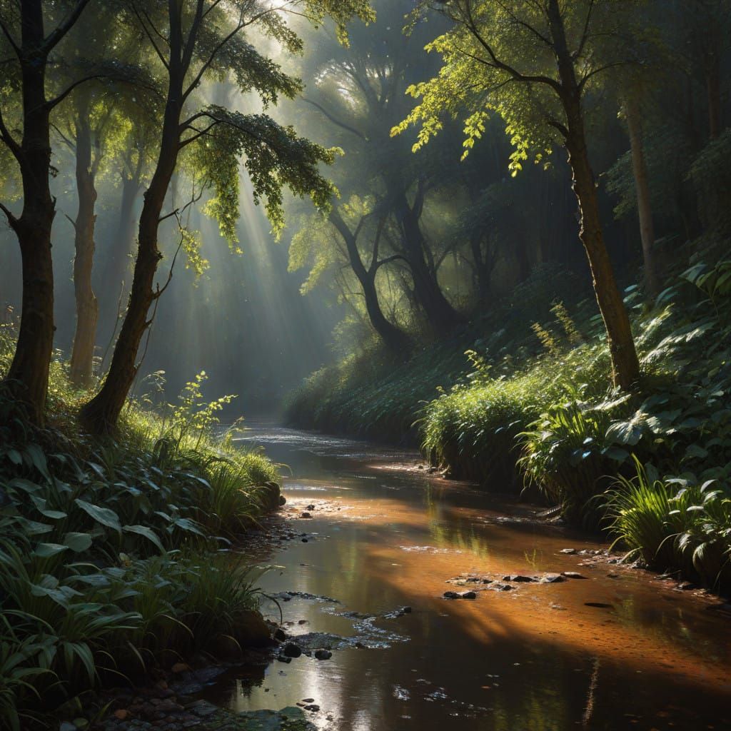 Vivid Rainy Day Scene in Earthy Tones with Impressionist Lig...