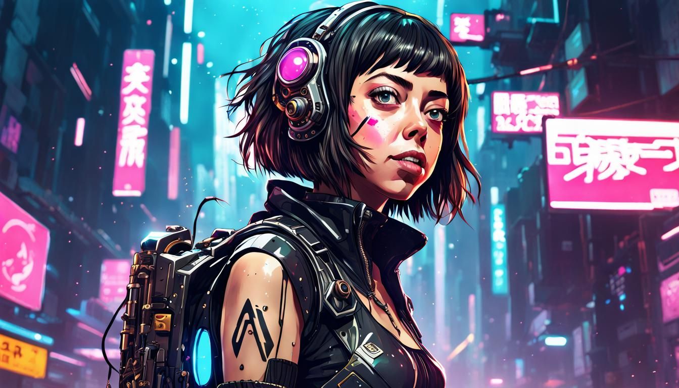 Anime girl Aubrey Plaza, astropunk, cyberpunk, futuristic, scifi
