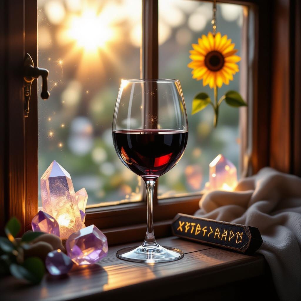 Red Wine Still Life with Runes and Crystals