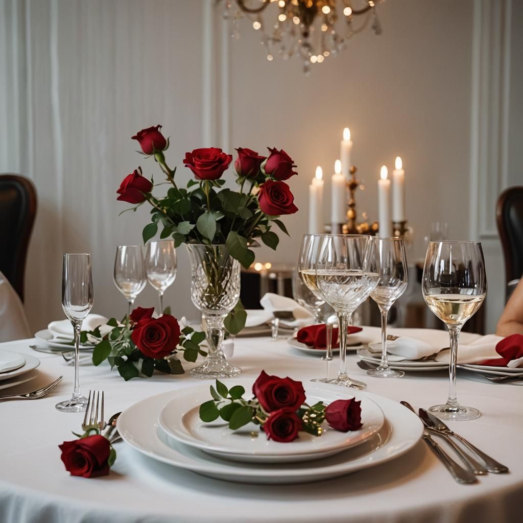 A table in a restaurant covered with a white tablecloth and ...
