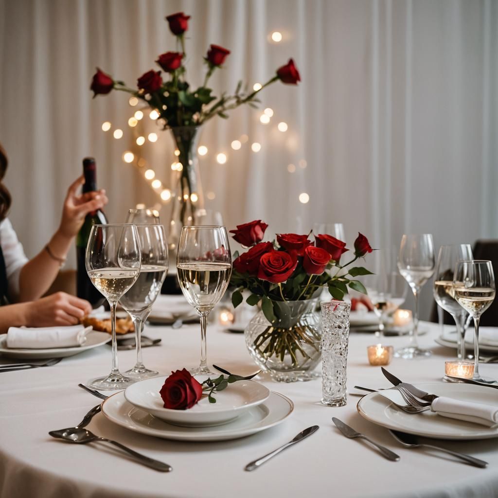 A table in a restaurant covered with a white tablecloth and ...
