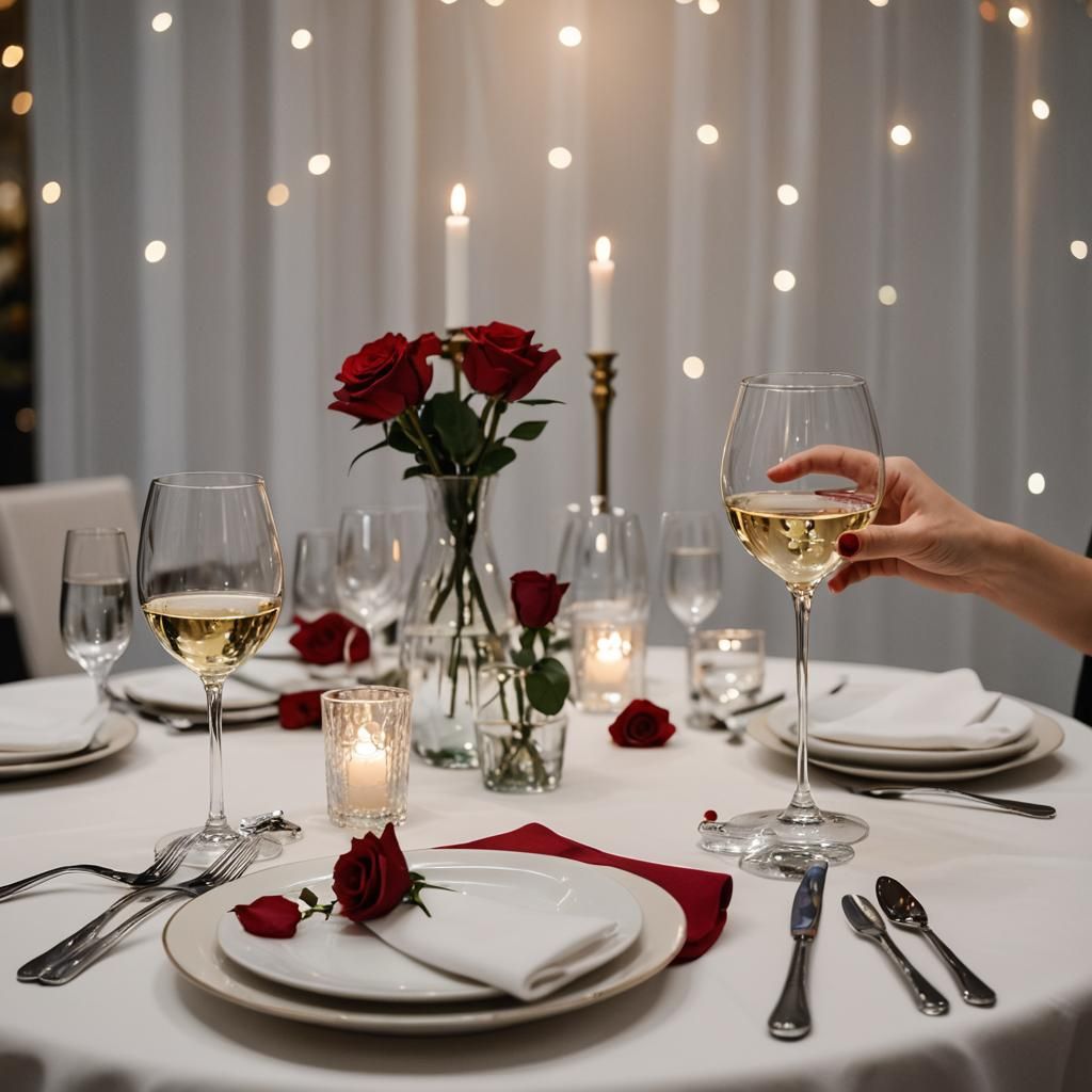 A table in a restaurant covered with a white tablecloth and ...