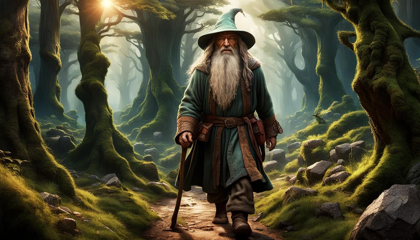 Gandalf from the Hobbit movie, walking through the forest,  ...