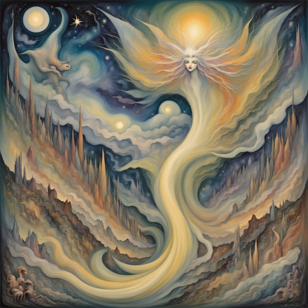 <lora:Misty Mystic:1.0> Surrealism, 
Landscape inspired by biology, 
Dreamlike Forest, 
metamorphosis, 
cosmic portals, 
Printmaking, 
Strea...