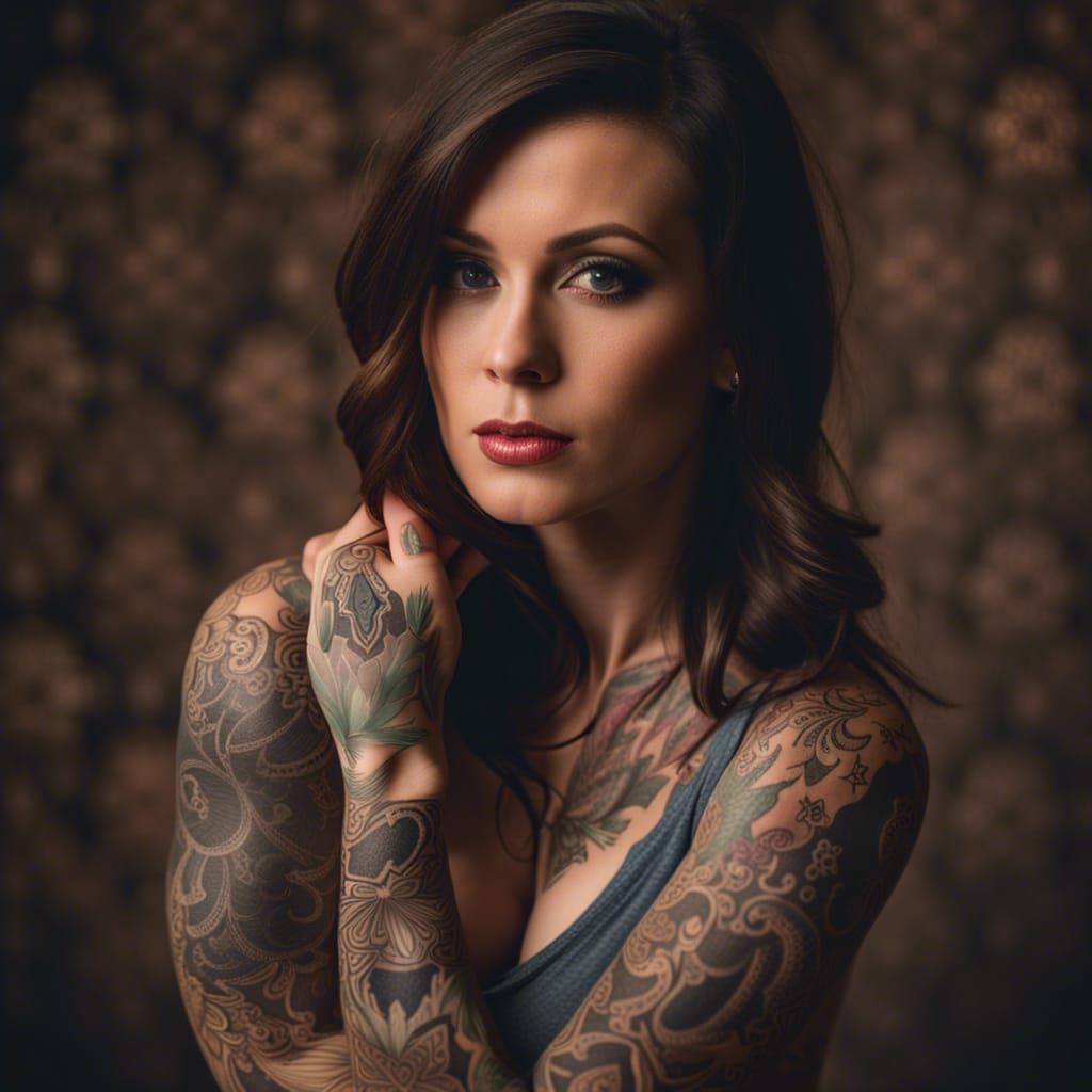 A brunette tattooed model with a textured background. 
