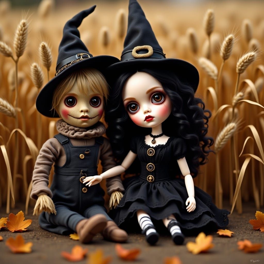 <lora:Flux Dolls:1.0> Beautiful witch doll, black hair, big round eyes, wearing striped tights, wearing witch hat, sitting next to a scarecr...