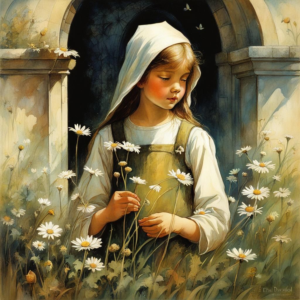 Girl picking Daisies outside the church yard.