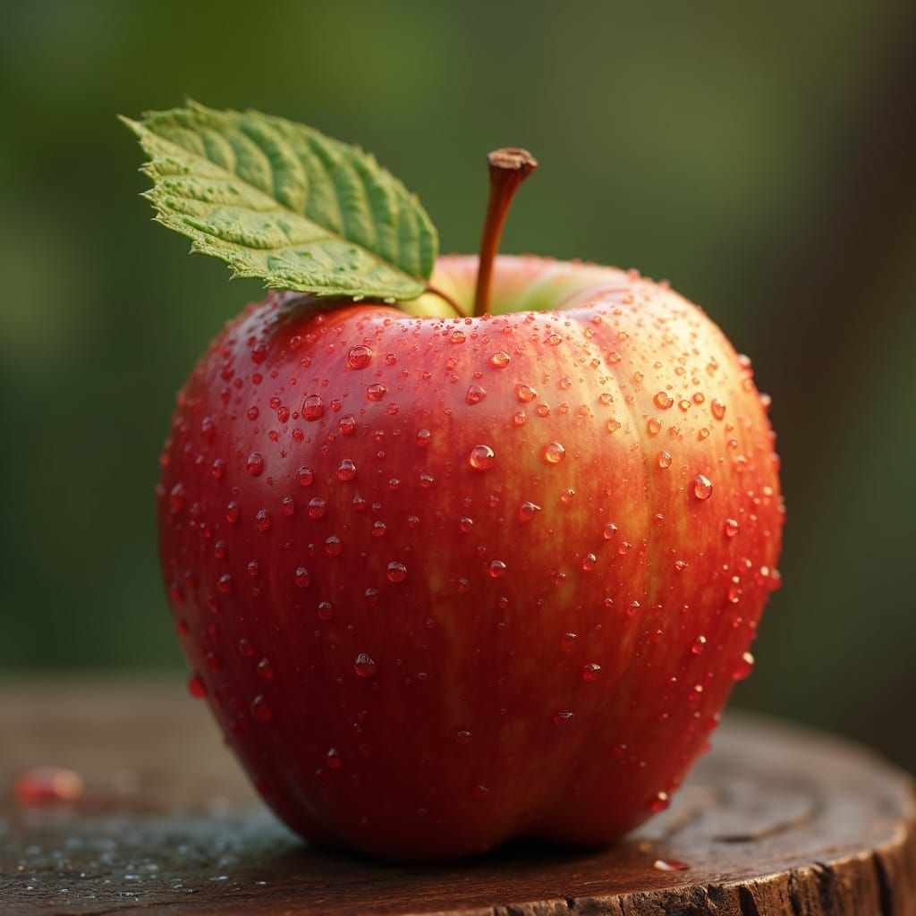 A stunning, ultra-detailed close-up of a fresh, juicy apple with glistening water droplets on its smooth ...  by @Fausto Santos