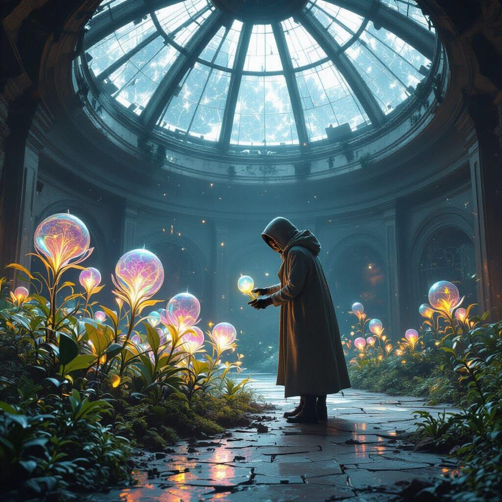 A lone botanist meticulously tending to glowing, alien flora within a colossal, ancient observatory dome. Starlight filters through fracture...