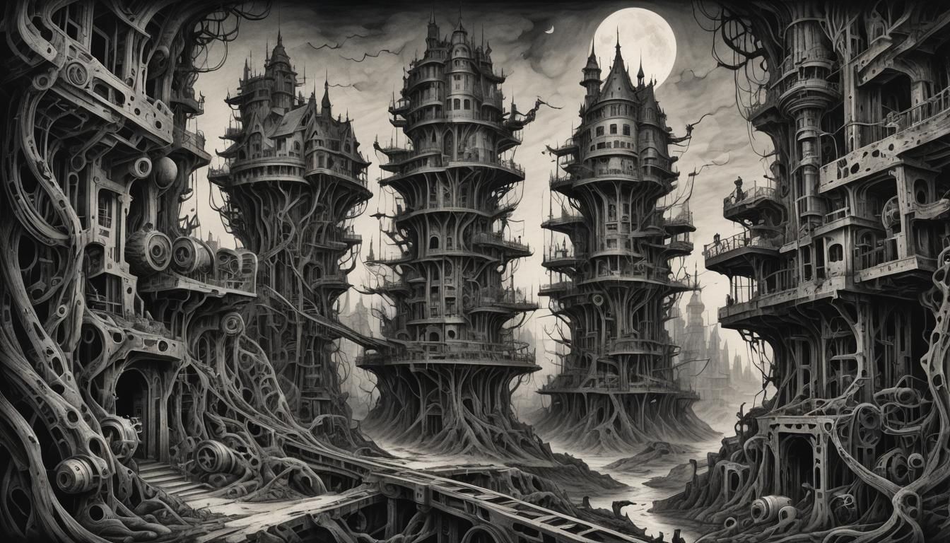 A detailed ink illustration of a nightmarish landscape with ...