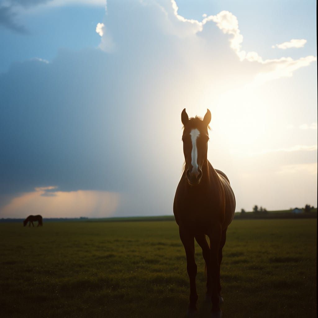 Epic Horse in Serene Pasture before an Impending Thunderstor...