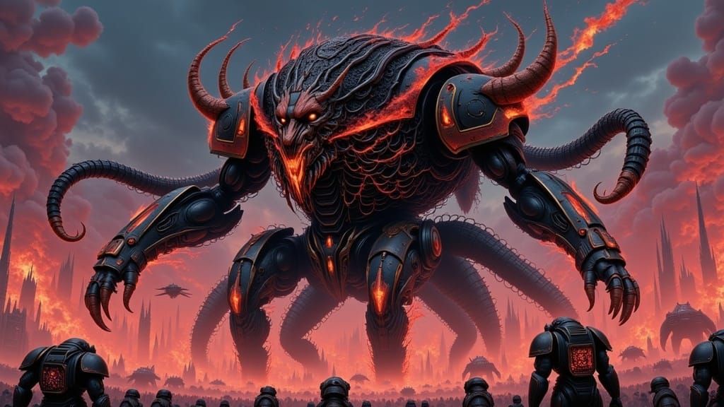 <lora:TheEngineWalks 2p0:1.0>  "(A massive mechanical titan-in-a-wolf-mask floating across the battlefield:1.4) burning-armored Chaos Space-...