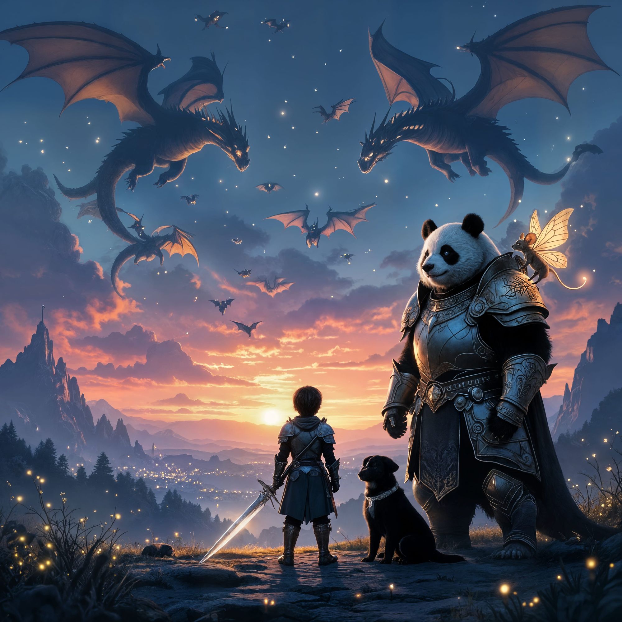 In this scene it is just before dawn. The sky is filled with hundreds upon hundreds of dragons. On the horizon are thousands of tiny bright ...
