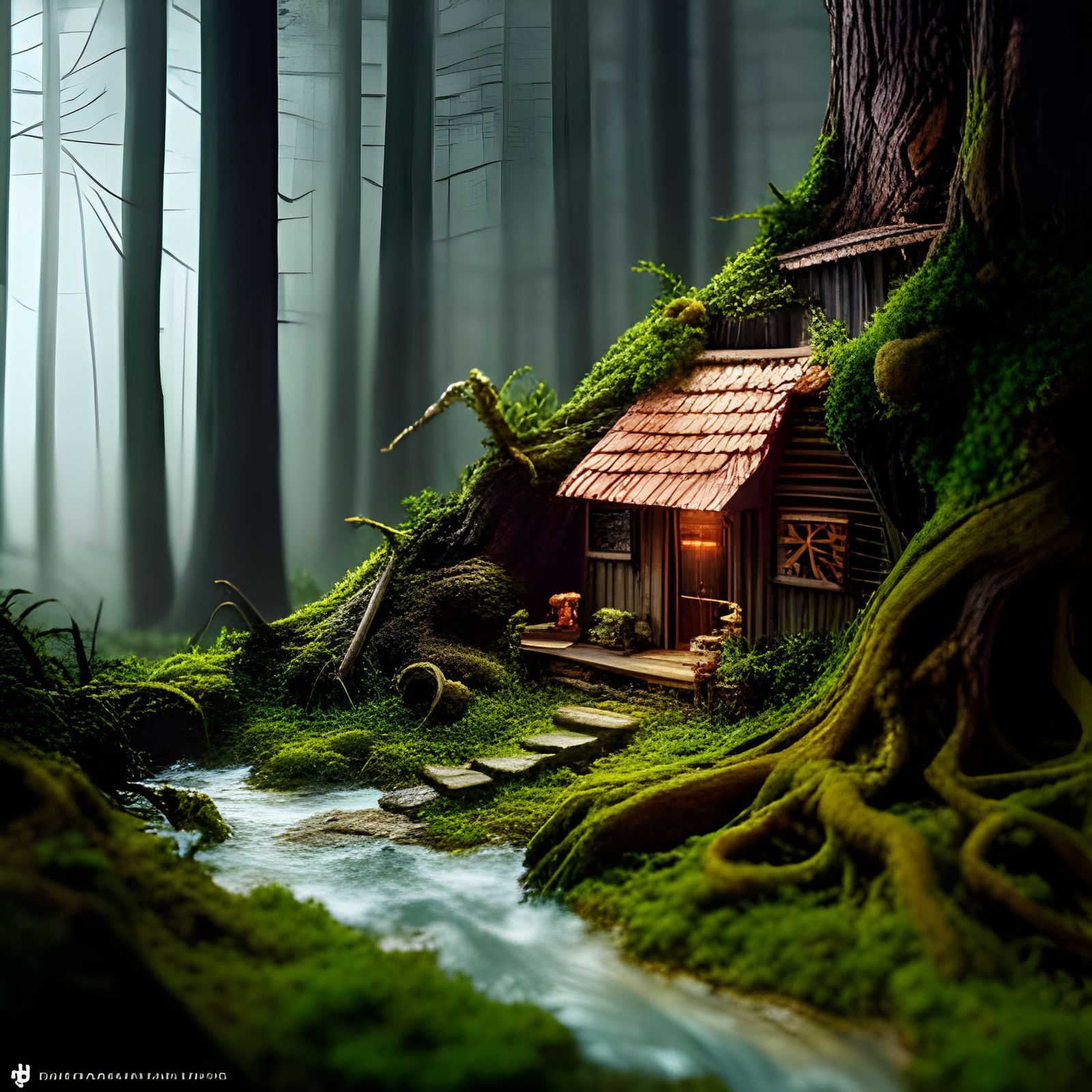 Miniature Cabin at the Base of a Tree  by @DarkStahl