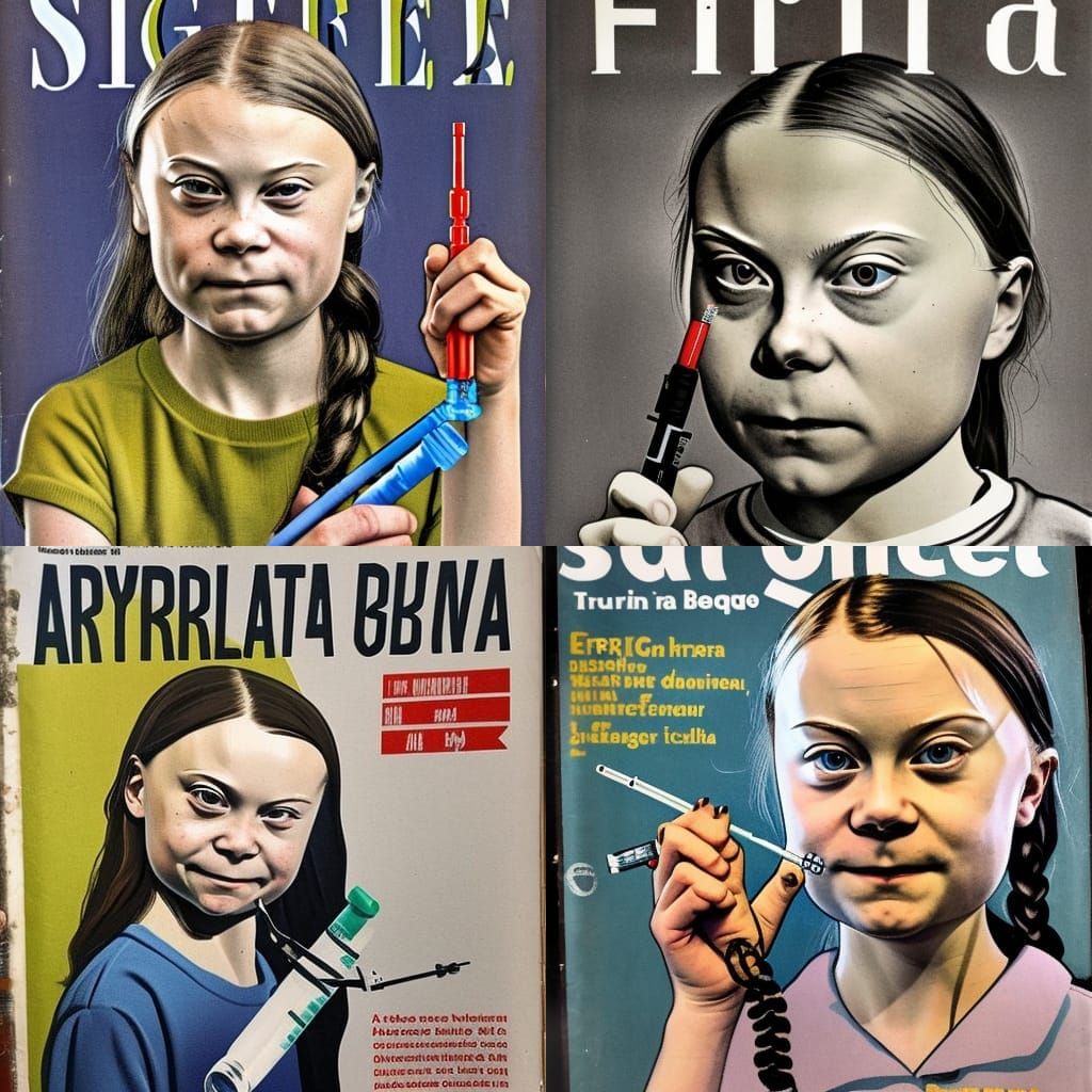 Greta Thunberg with a syringe in his hand, 60s magazine cove...