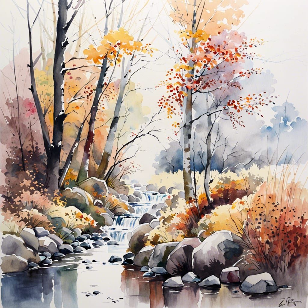 Detailed watercolor painting of misty landscape in autumn trees at a stream by Z. L. Feng  by @Lyncurion
