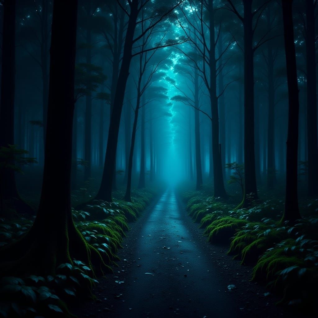 <lora:Mystical Fantasies:1.0> An enchanted pathway through a dark and shadowy forest.  The trees give off a bluish glow 4K high resolution h...