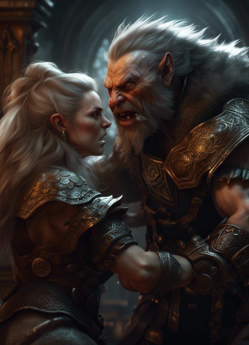 Dwarf Couple Versus Werewolf in Rococo Lighting