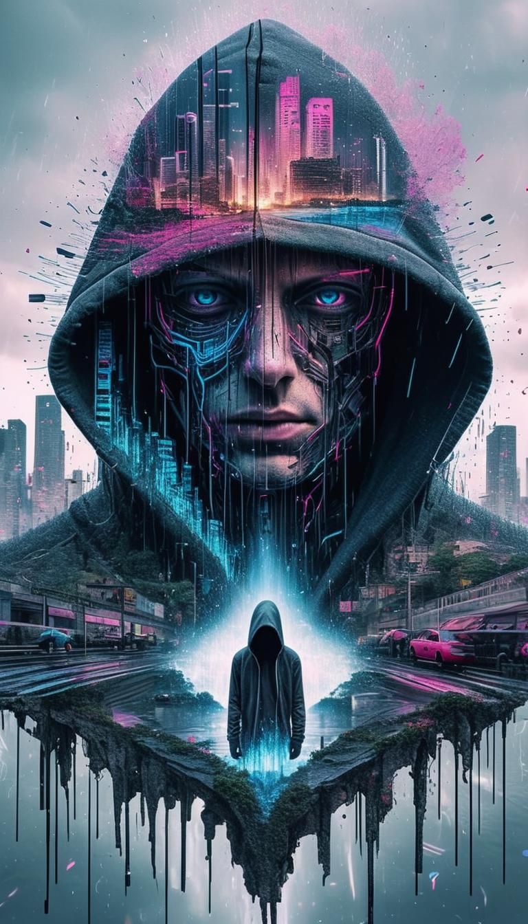 Cyberpunk Double Exposure: Hooded Figure in Dystopian City