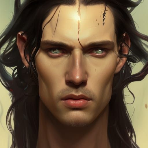 Tall pale scorpion man with long black hair