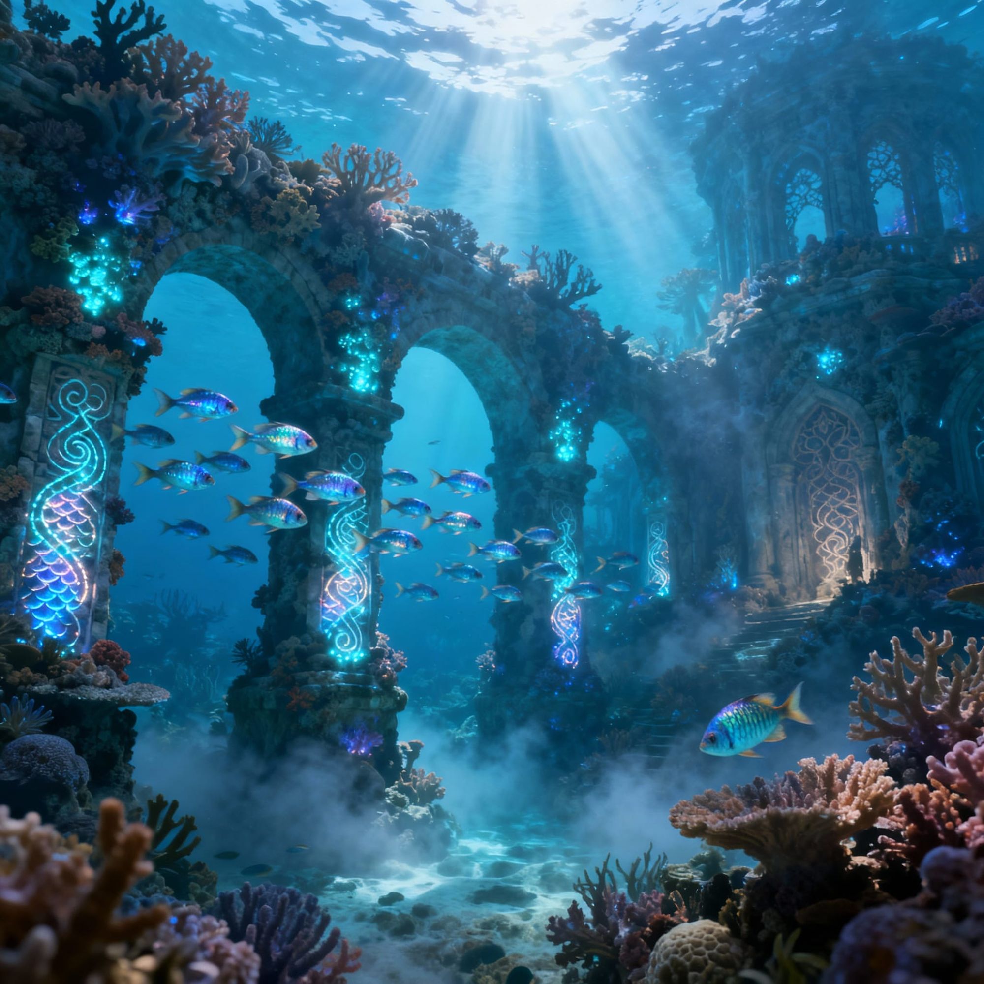 A vast coral palace partially covered in bioluminescent sea flora, located deep within the ocean. Schools of shimmering fish swim past tall ...
