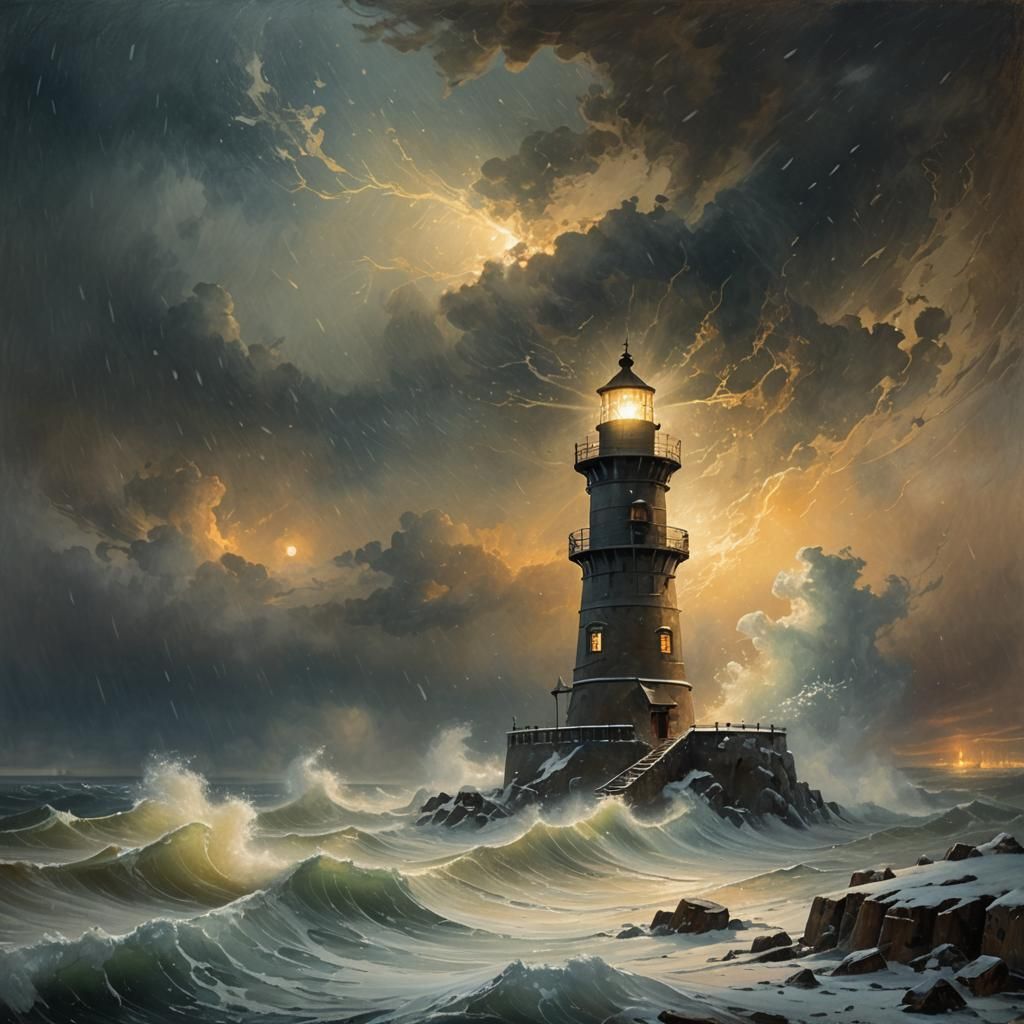 lighthouse light on ,in winter storm ,snowing, - AI Generated Artwork ...