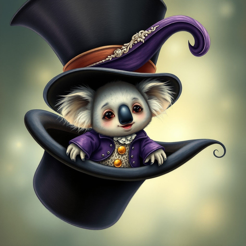 A chibi koala bear in a purple frock coat flying around insi...