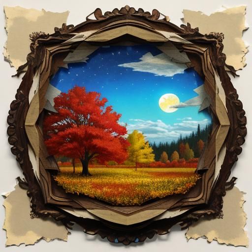 torn paper collage art, 3D - impression of autumn sorrow, re...