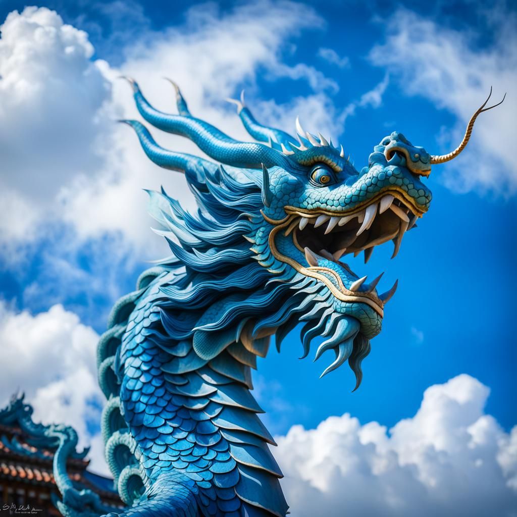 Mythical Dragon Soars in Blue Sky: Surreal Photography