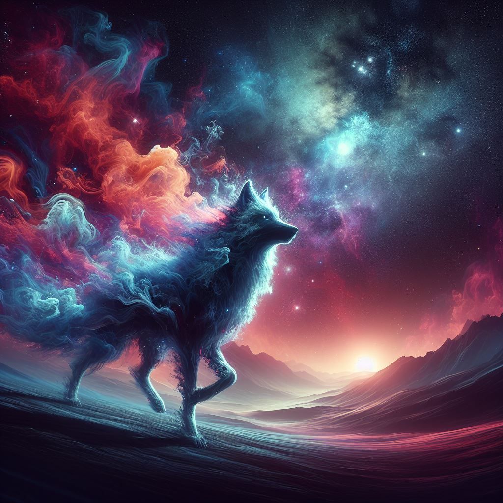 a wolf made of smoke running through a valley