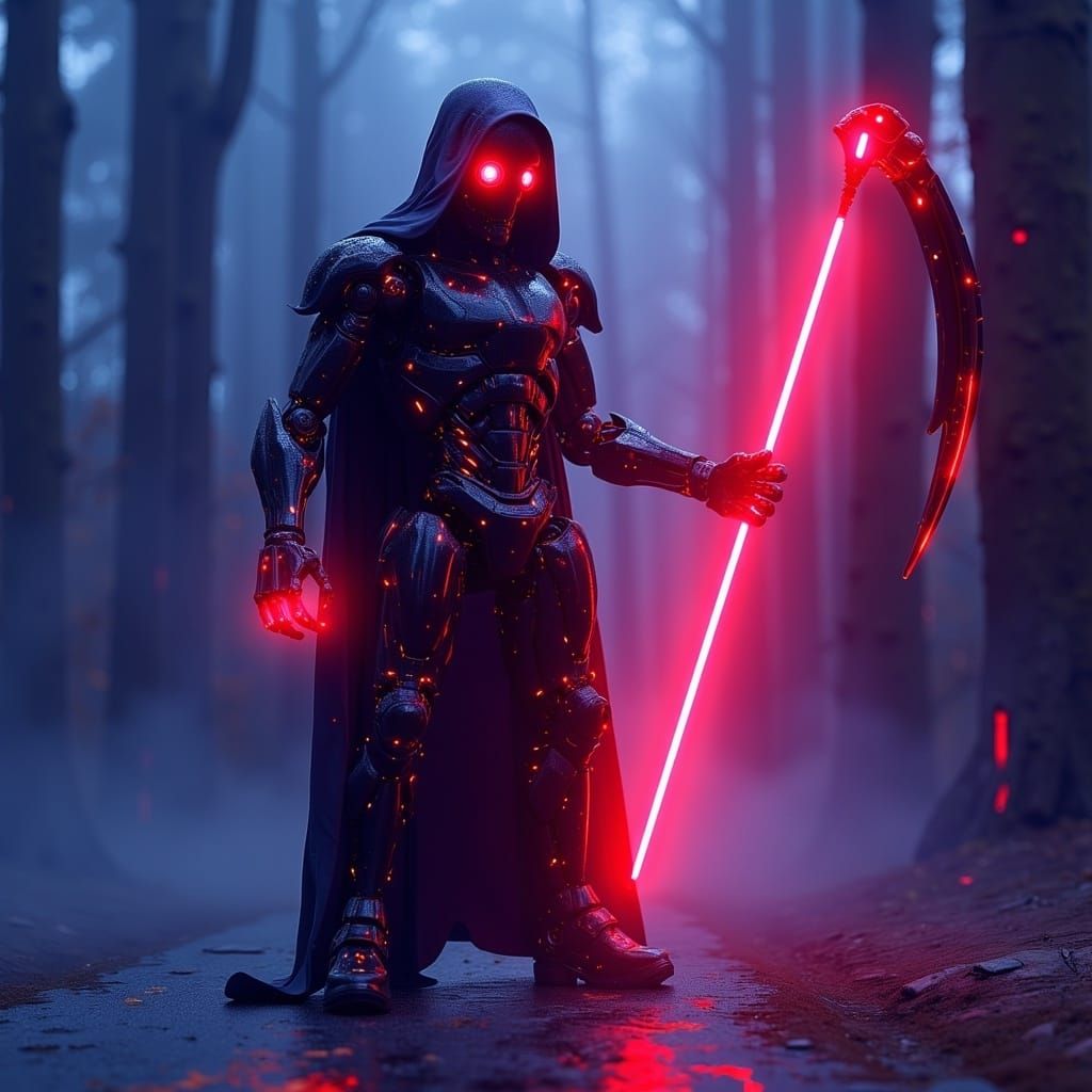 <lora:Mech Reboot vFLUX:1.0>Grim Reaper Robot, in the darkness with a neon bioluminescent glow, holding a red laser scythe, surrealism, hall...