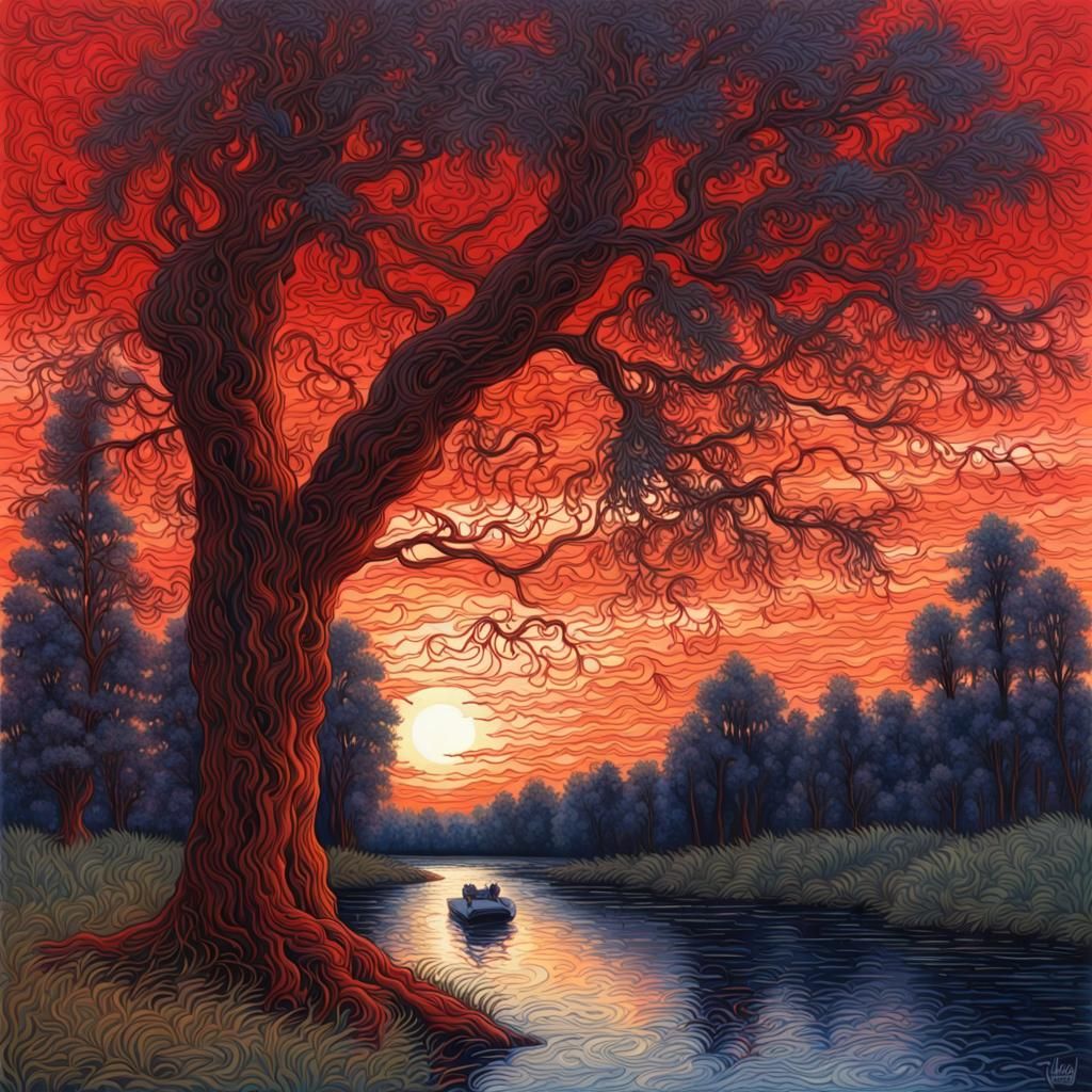“Willow tree, along a river, red corvette with pine trees on...