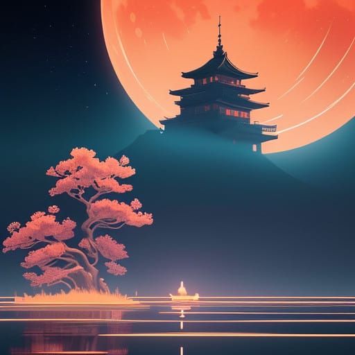 Dreamy Nocturnal Scene of the Tejo River under a Golden Moon