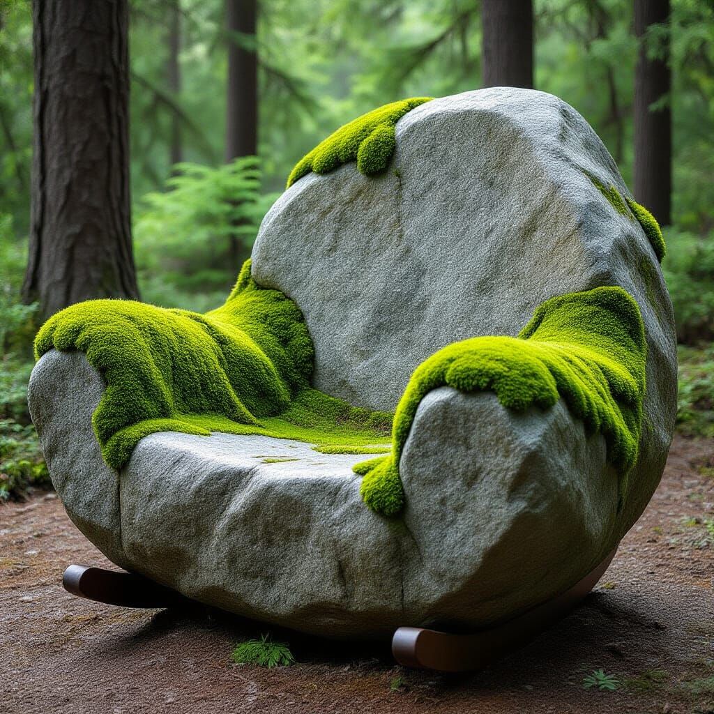 A giant boulder cut into a Rocking chair moss covered seat snd armrests. Bottom Smooth granite stone ...  by @Jornie