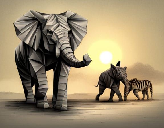 origami elephant, and zebra